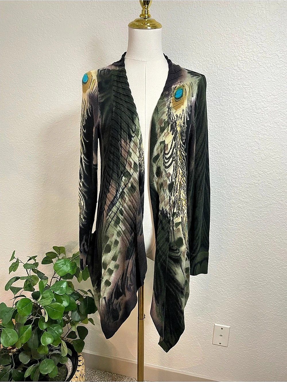 Adore Peacock Feather Open Front Cardigan Waterfall Hem Boho L